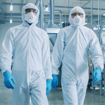 Men dressed in protective gear preparing to clean a cleanroom